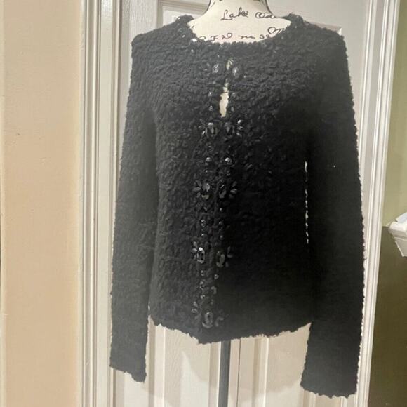 CHICOS TWEED SWEATER BLACK JEWELED Sz M FRINGED EMBELLISHMENT SOPHISTICATED - Picture 6 of 16